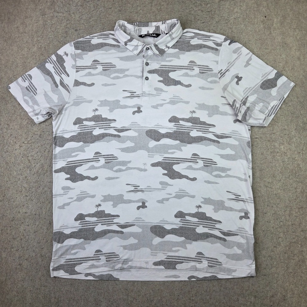 Travis Mathew Heater Polo Golf Shirt Mens 2XL Gray White Camo Short Sleeve NEW